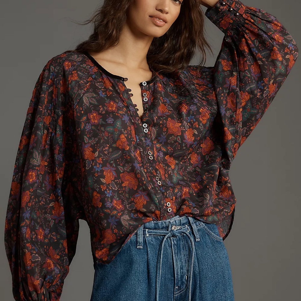 Anthropologie Floral Blouse in Black and Red